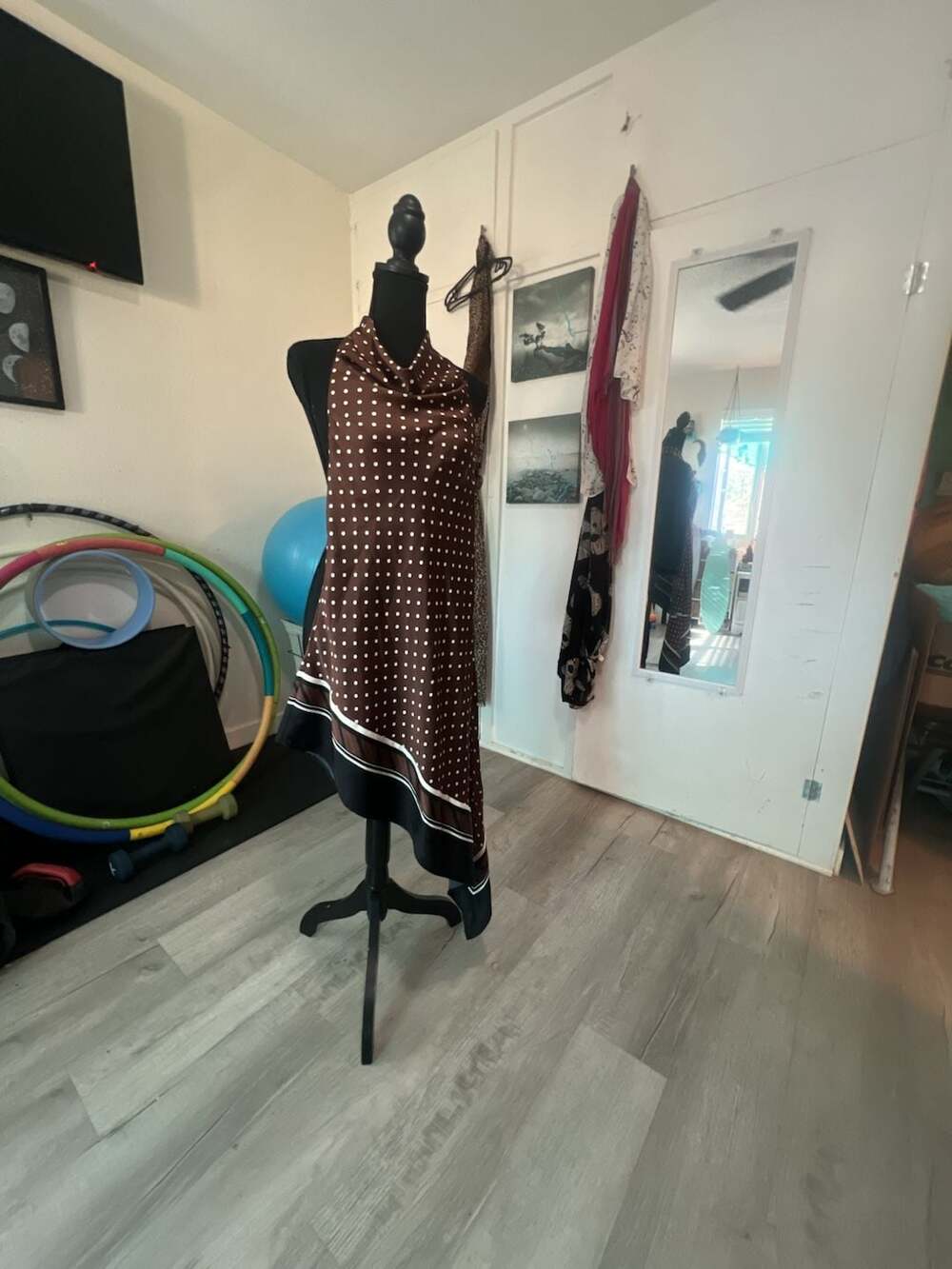 Women's Brown/Polka dot Asymmetric satin halterneck dress